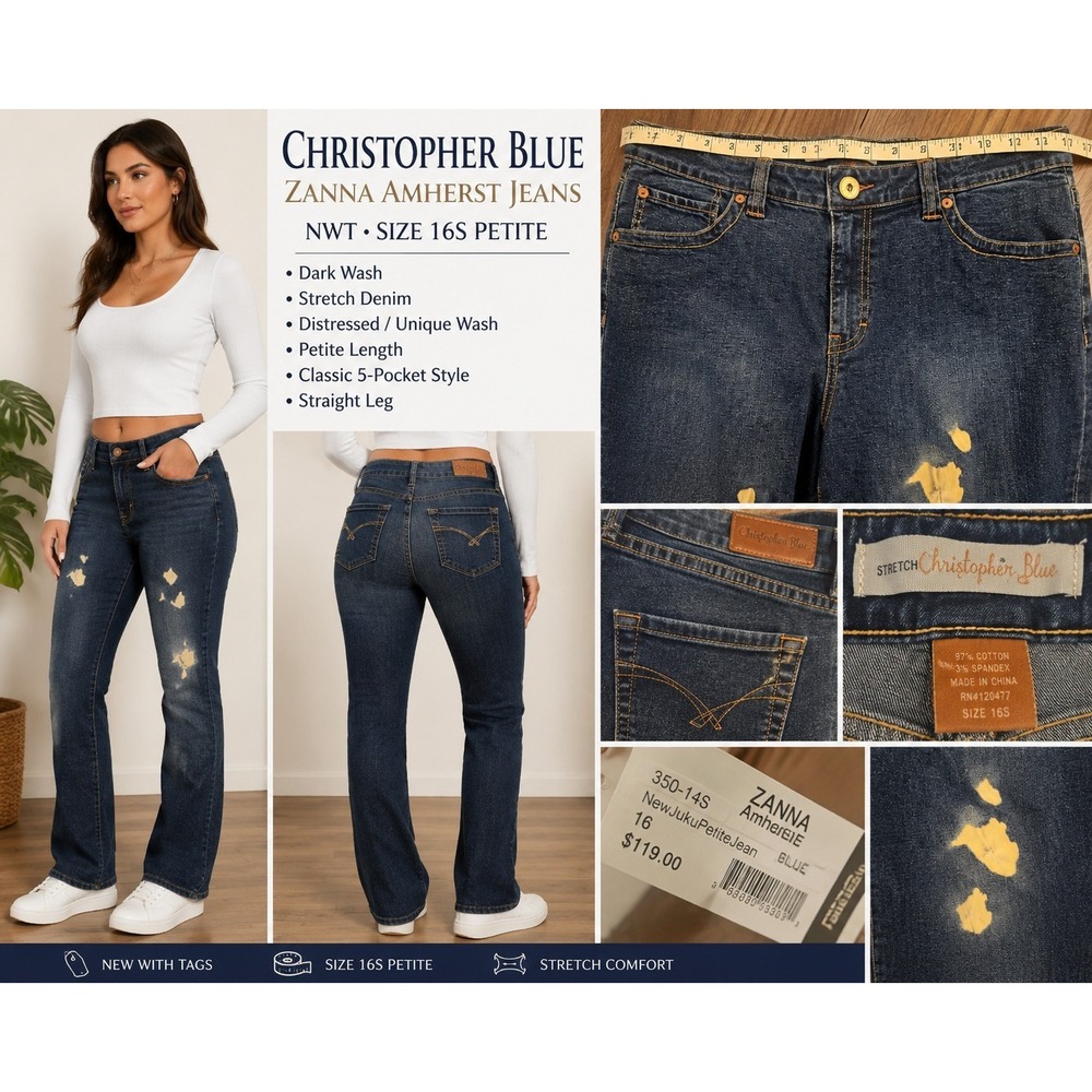 Christopher Blue Zanna Amherst Jeans NWT 16S Petite Stretch Distressed Dark Wash